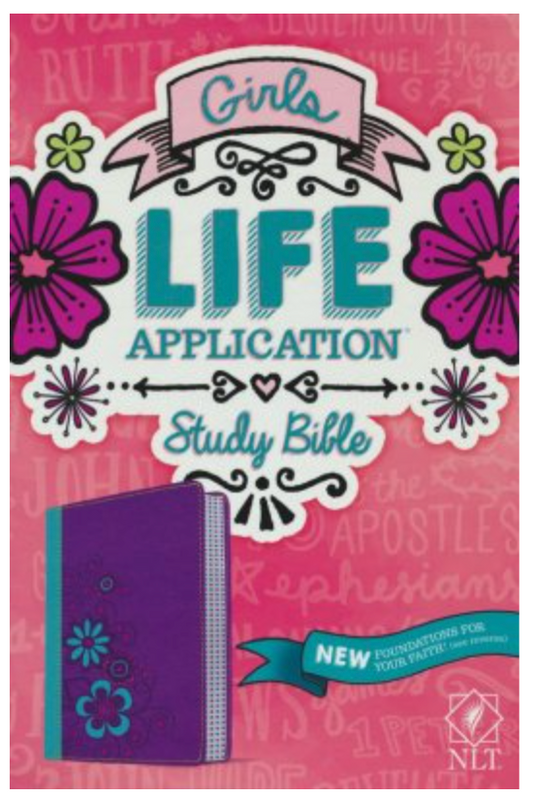 NLT Girls Life Application Study Bible purple/teal tutone leatherlike 8.5 point font. Ages 9-13