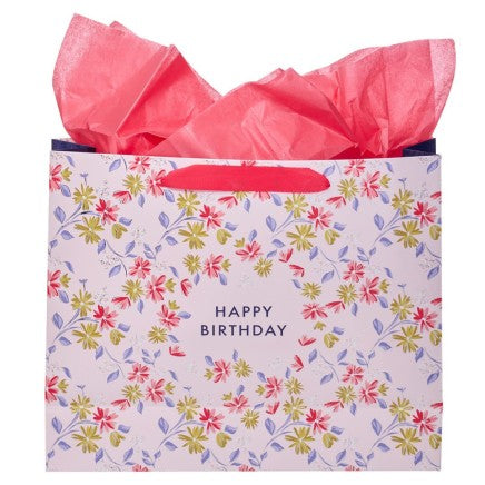 Gift Bag Happy Birthday Pink Flowers Lrg Landscape