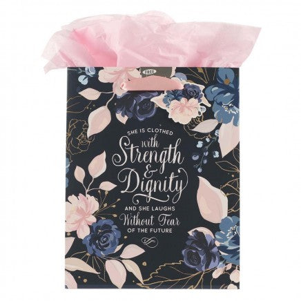 Gift Bag Medium Strength & Dignity Navy Pink Flowers